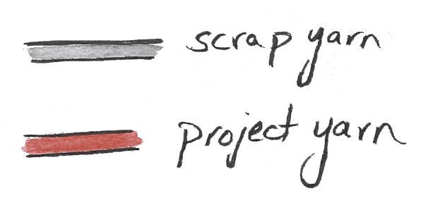 Crochet provisional cast on key: grey lines for scrap yarn, rust-coloured lines for project yarn.