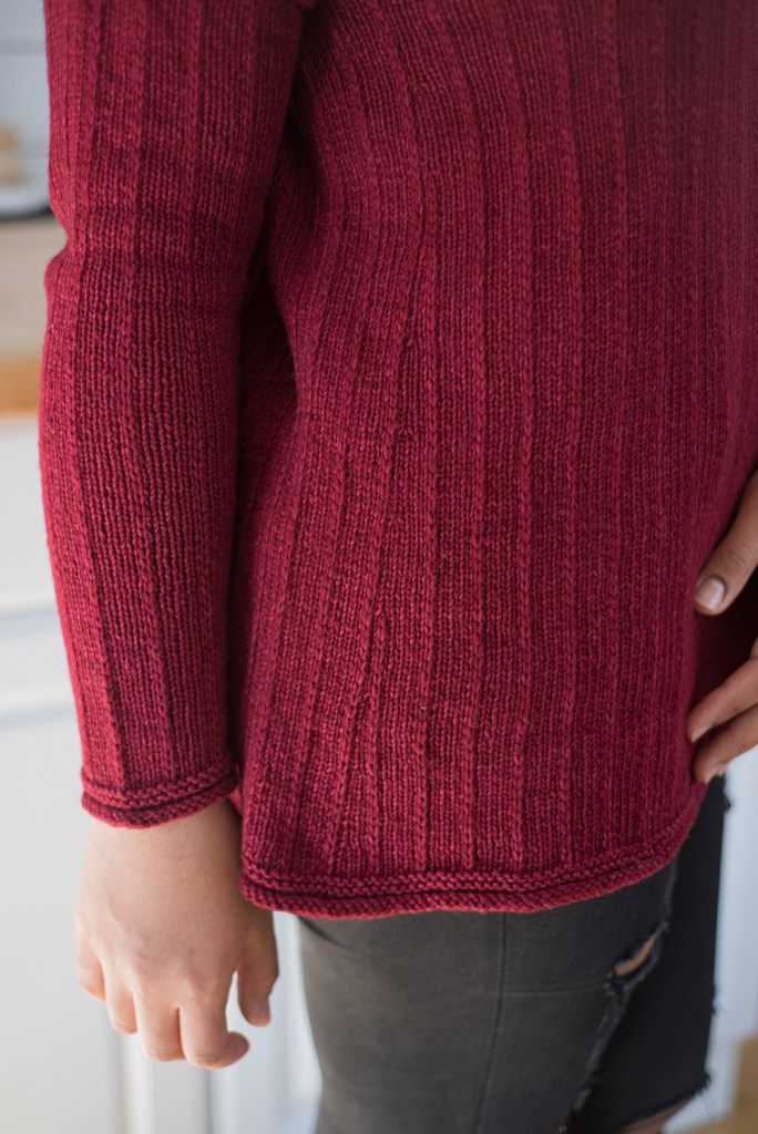 Close up of the side shaping and sleeve of the Morning Beach sweater.